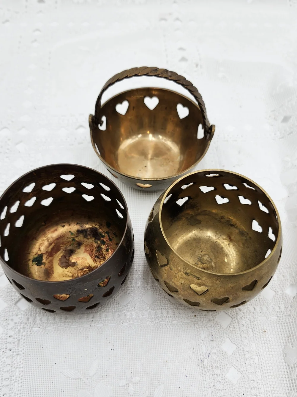lot of 3  Solid Brass Heart Cut Out Votive Candle Holder Tea Light